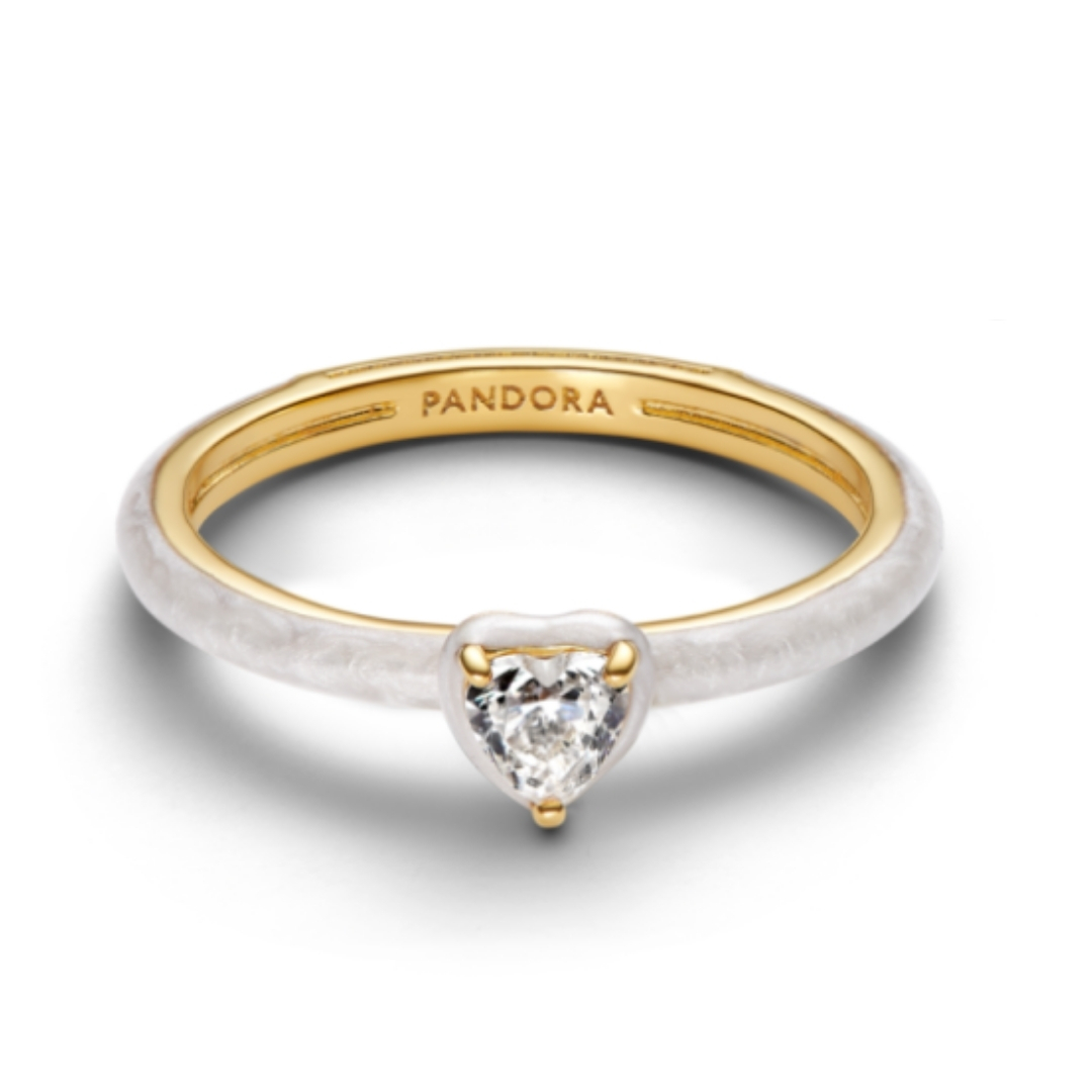 14k gold-plated ring with white enamel and clear heart shape