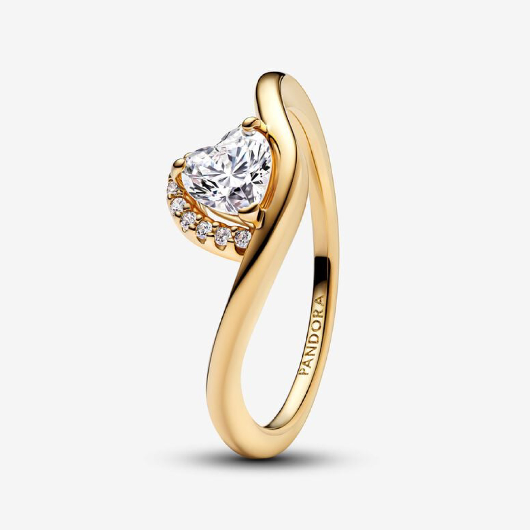 Wave heart 14k gold-plated ring with clear cubic zirconia