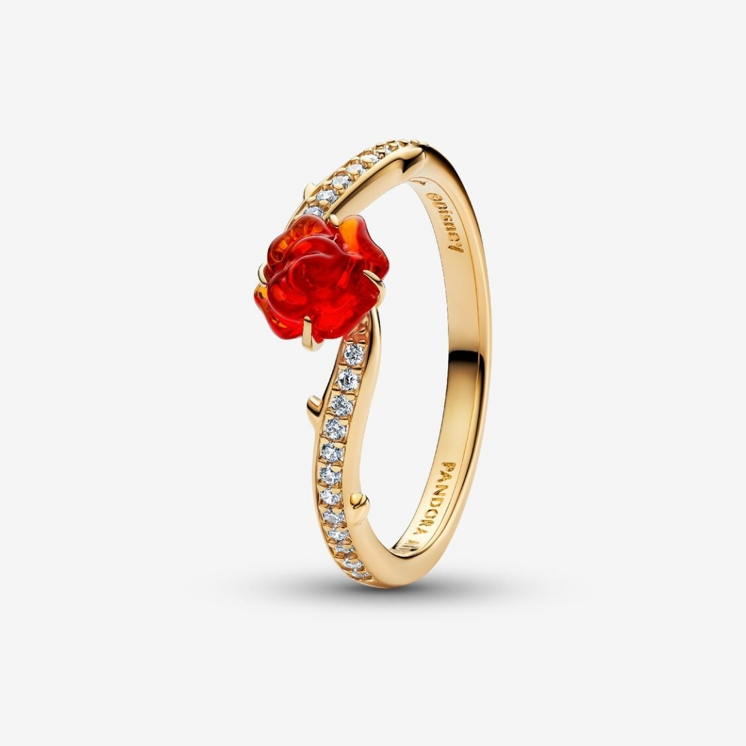 Disney Beauty and The Beast Rose 14k gold-plated ring with clear cubic zirconia and red Murano glass