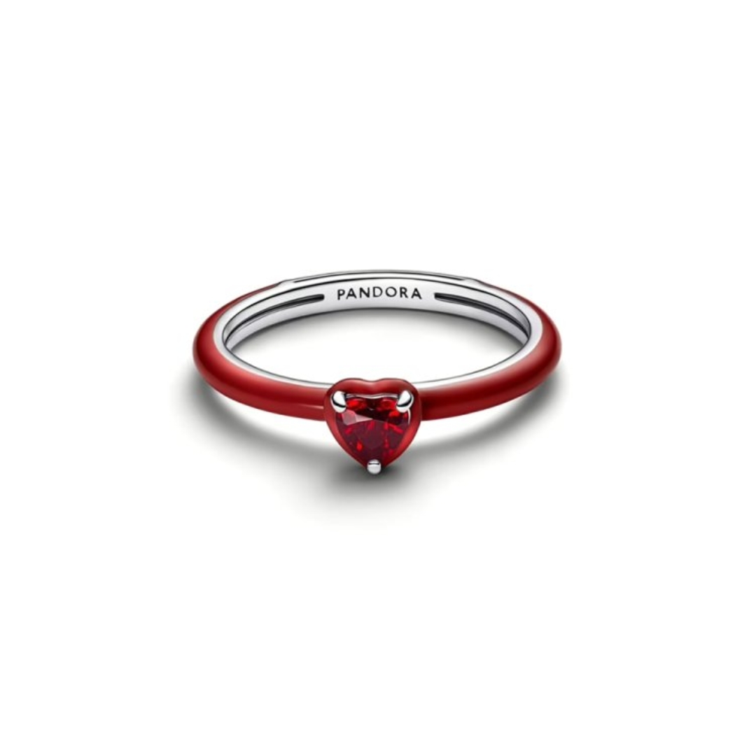 Heart sterling silver ring with salsa red crystal and red enamel