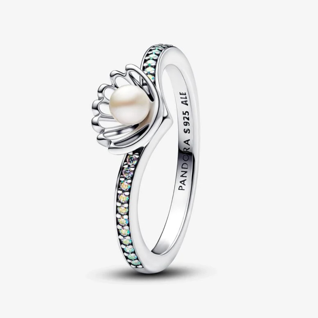 Disney Ariel sterling silver ring with treated white freshwater cultured pearl and aurora borialis cubic zirconia