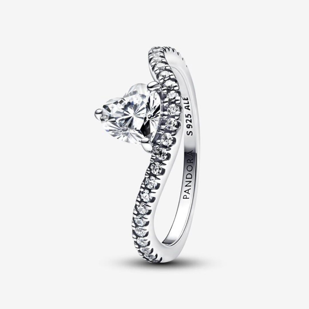 Wave heart sterling silver ring with clear cubic zirconia