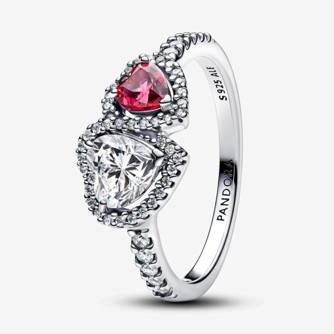 Hearts sterling silver ring with fuchsia rose crystal and clear cubic zirconia