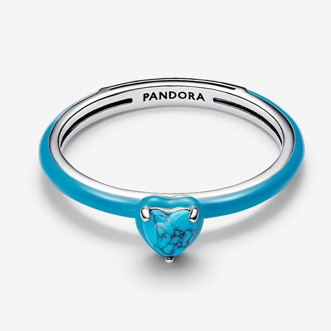 Heart sterling silver ring with imitation of turquoise and enamel