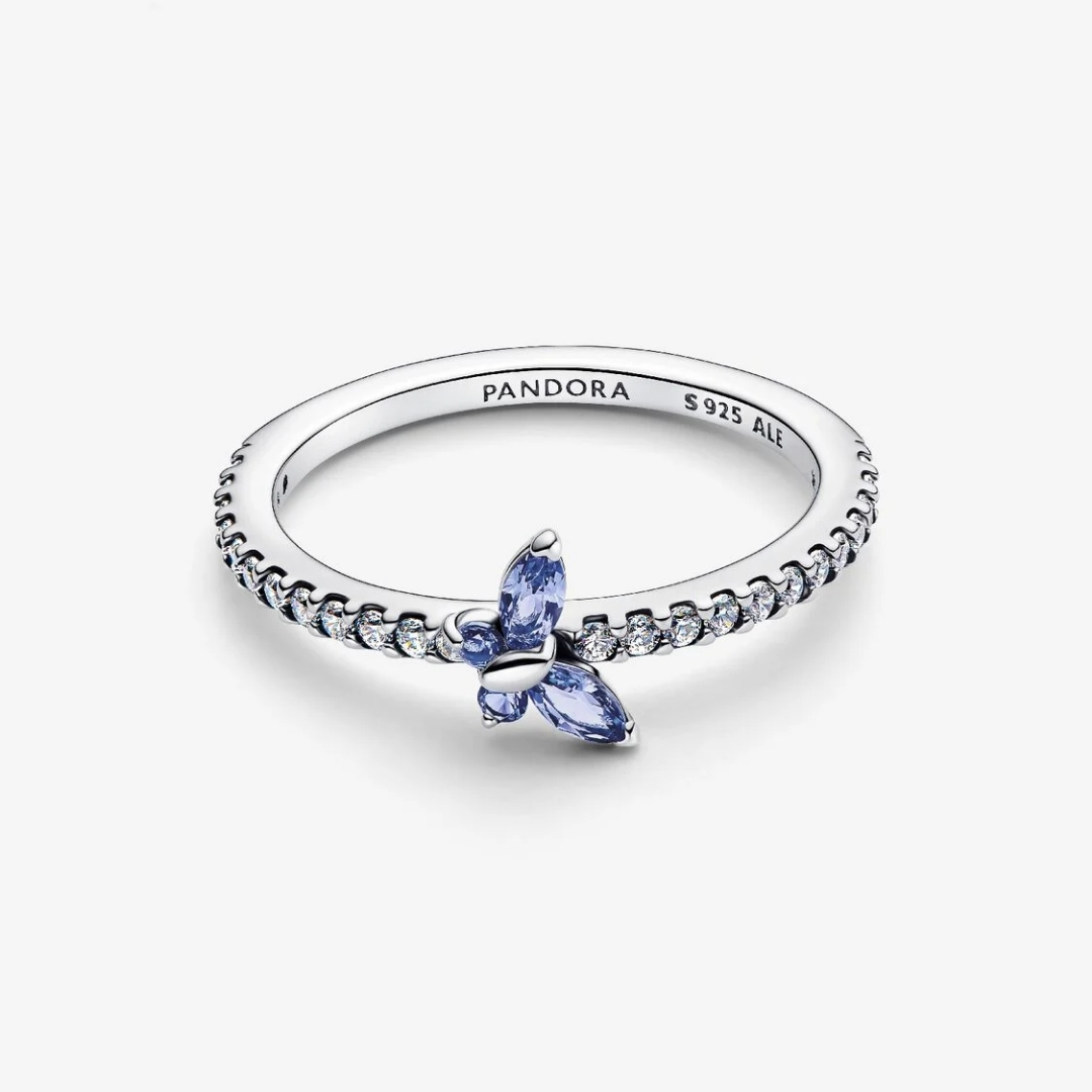 Butterfly sterling silver ring with cornflower blue crystal and clear cubic zirconia