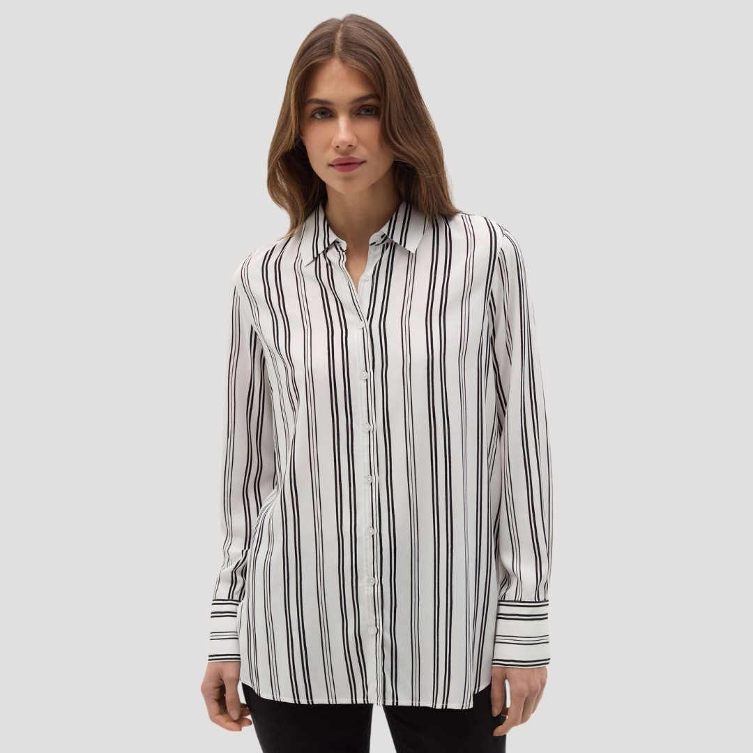 WOMEN'S LONG SLEEVES' SHIRTS-BLACK-STRIPED OFF-WHITE