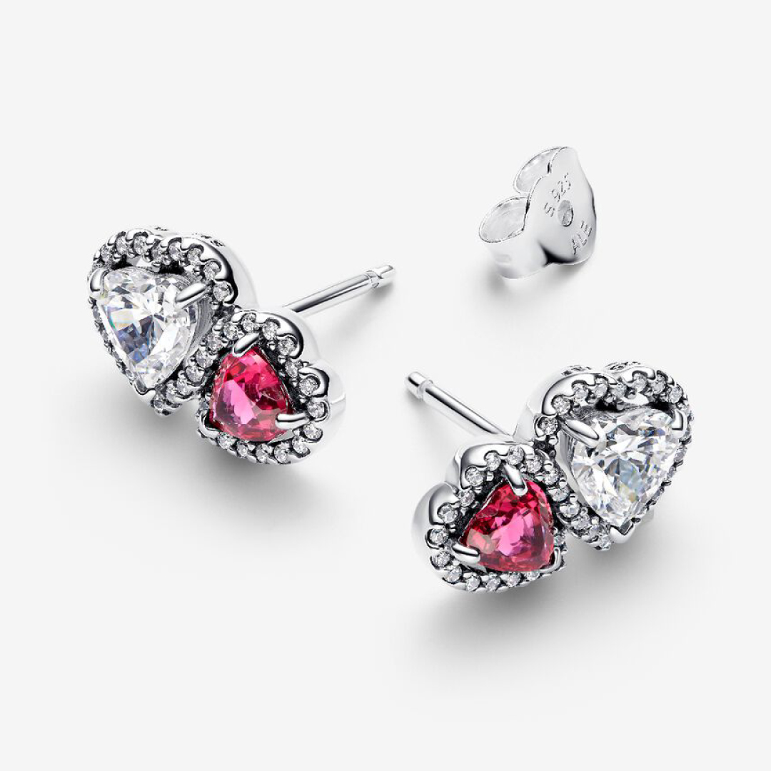 Hearts sterling silver stud earrings with fuchsia rose crystal and clear cubic zirconia