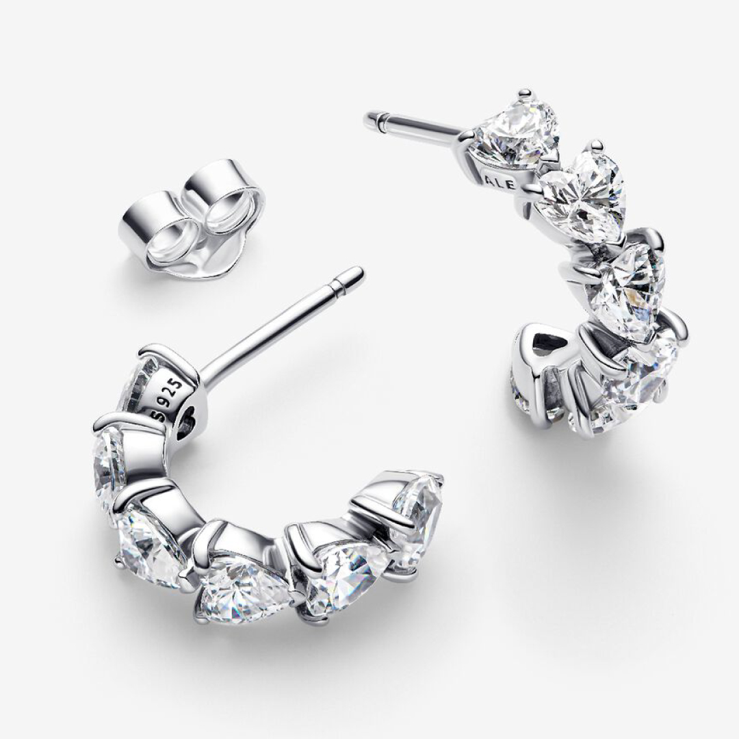 Hearts sterling silver hoop earrings with clear cubic zirconia