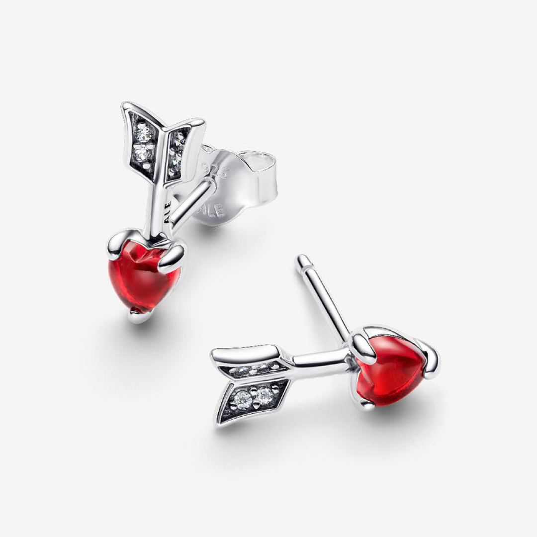 Heart arrow sterling silver stud earrings with red Murano glass and clear cubic zirconia