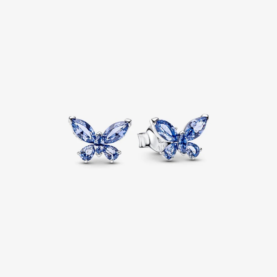 Butterfly sterling silver stud earrings with cornflower blue crystal