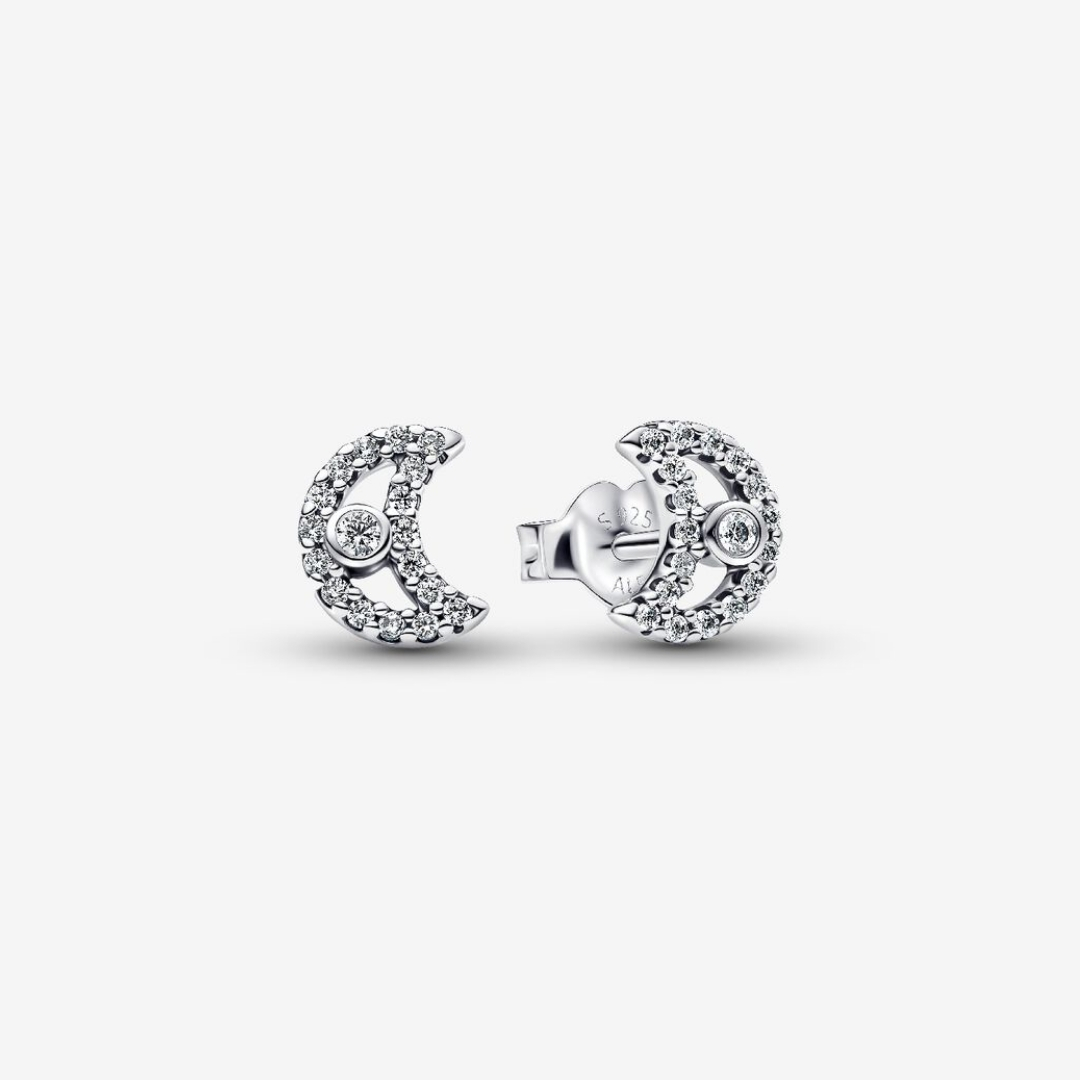 Moon sterling silver stud earrings with clear cubic zirconia