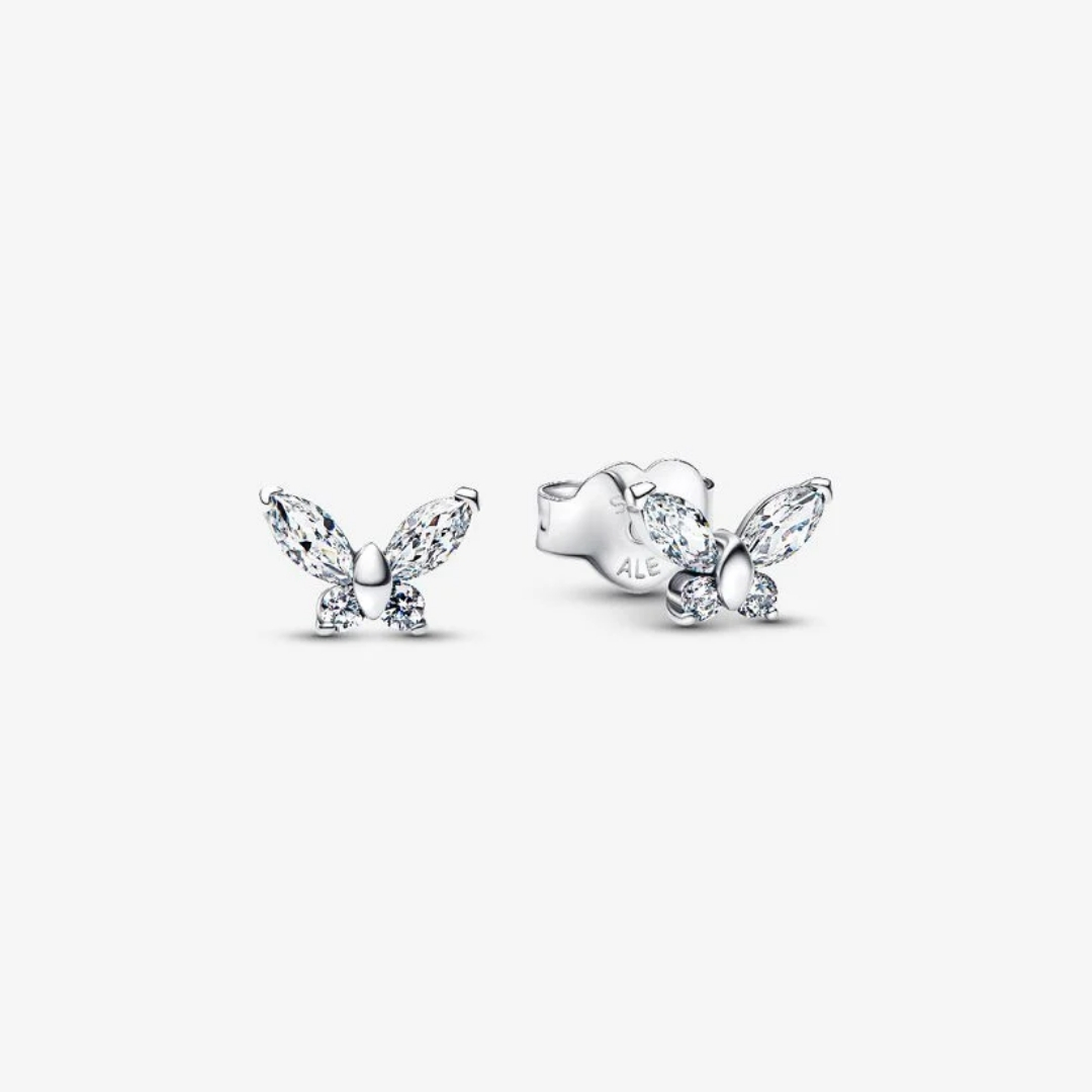 Butterfly sterling silver stud earrings with clear cubic zirconia
