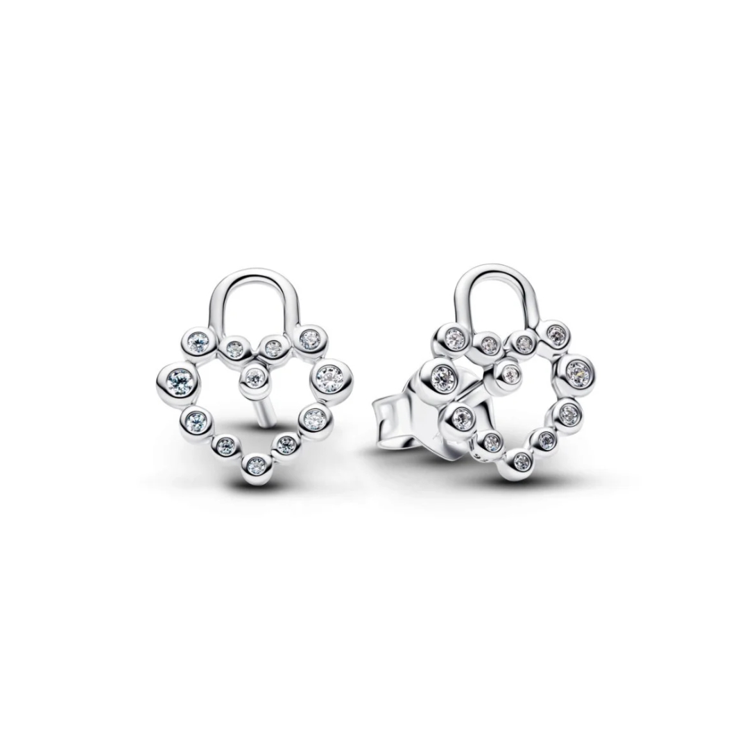 Heart padlock sterling silver stud earrings with clear cubic zirconia