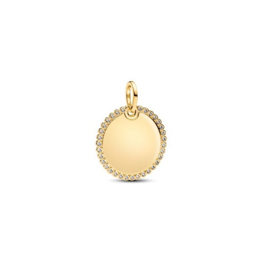 Engravable round 14k gold-plated dangle with clear cubic zirconia