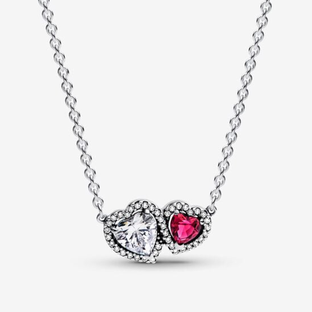 Heart sterling silver collier with fuchsia rose crystal and clear cubic zirconia and necklace