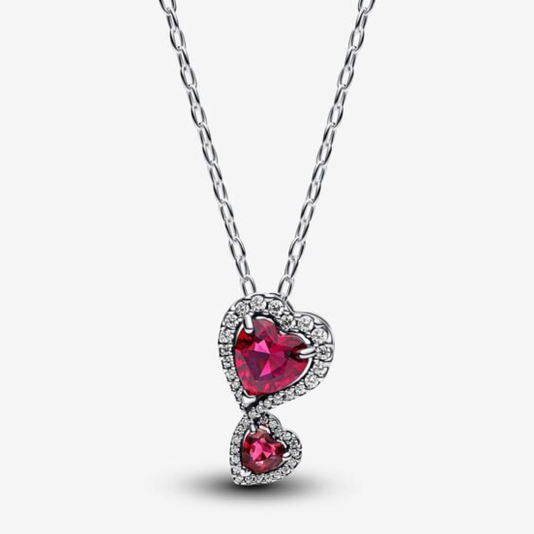 Heart sterling silver collier with fuchsia rose crystal and clear cubic zirconia