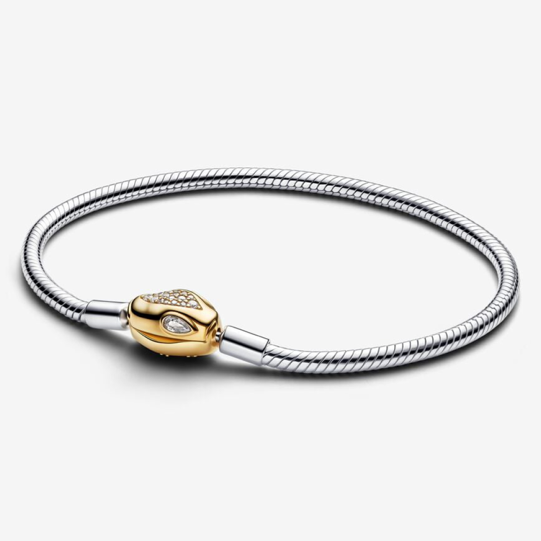 Snake chain sterling silver and 14k gold-plated bracelet with clear cubic zirconia
