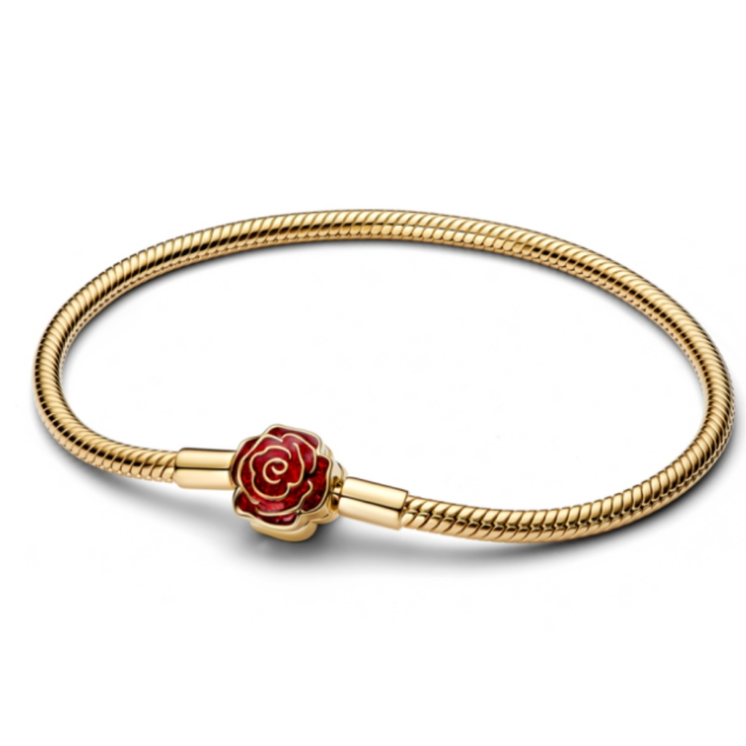 Disney Beauty & The Beast snake chain 14k gold-plated bracelet with rose clasp and red enamel