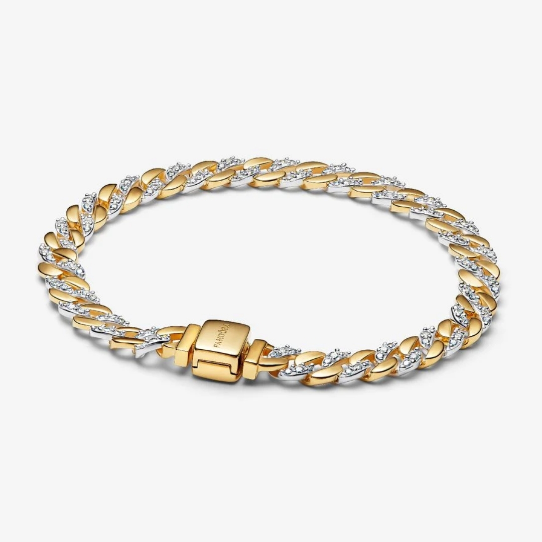 Cuban chain sterling silver and 14k gold-plated bracelet with clear cubic zirconia