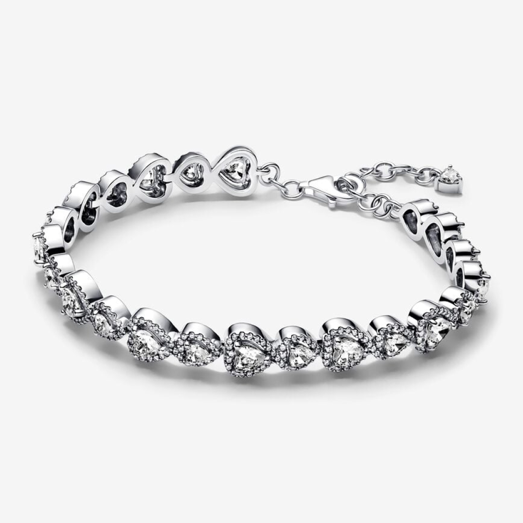 Hearts sterling silver bracelet with clear cubic zirconia