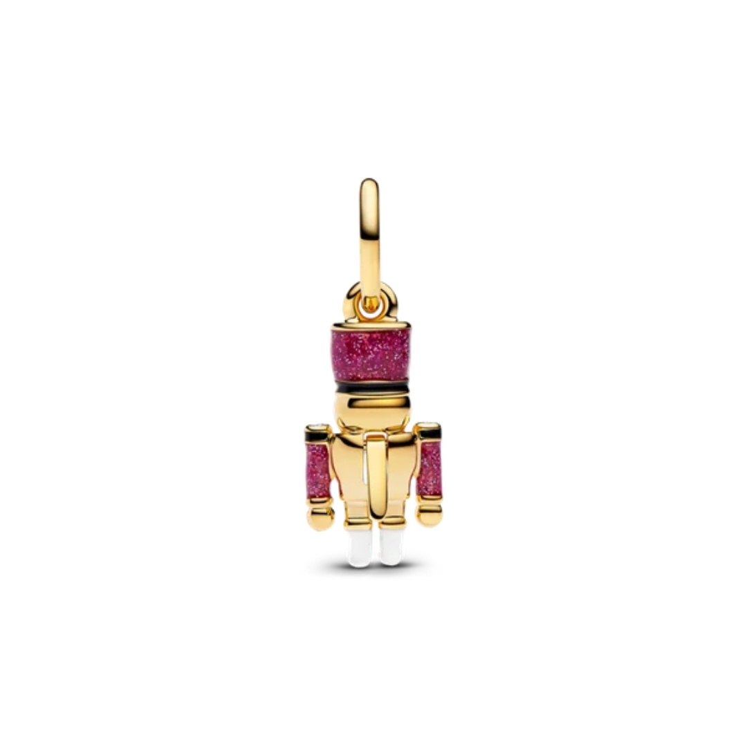 Nutcracker 14k gold-plated dangle with clear cubic zirconia, glittery pink, black and white enamel