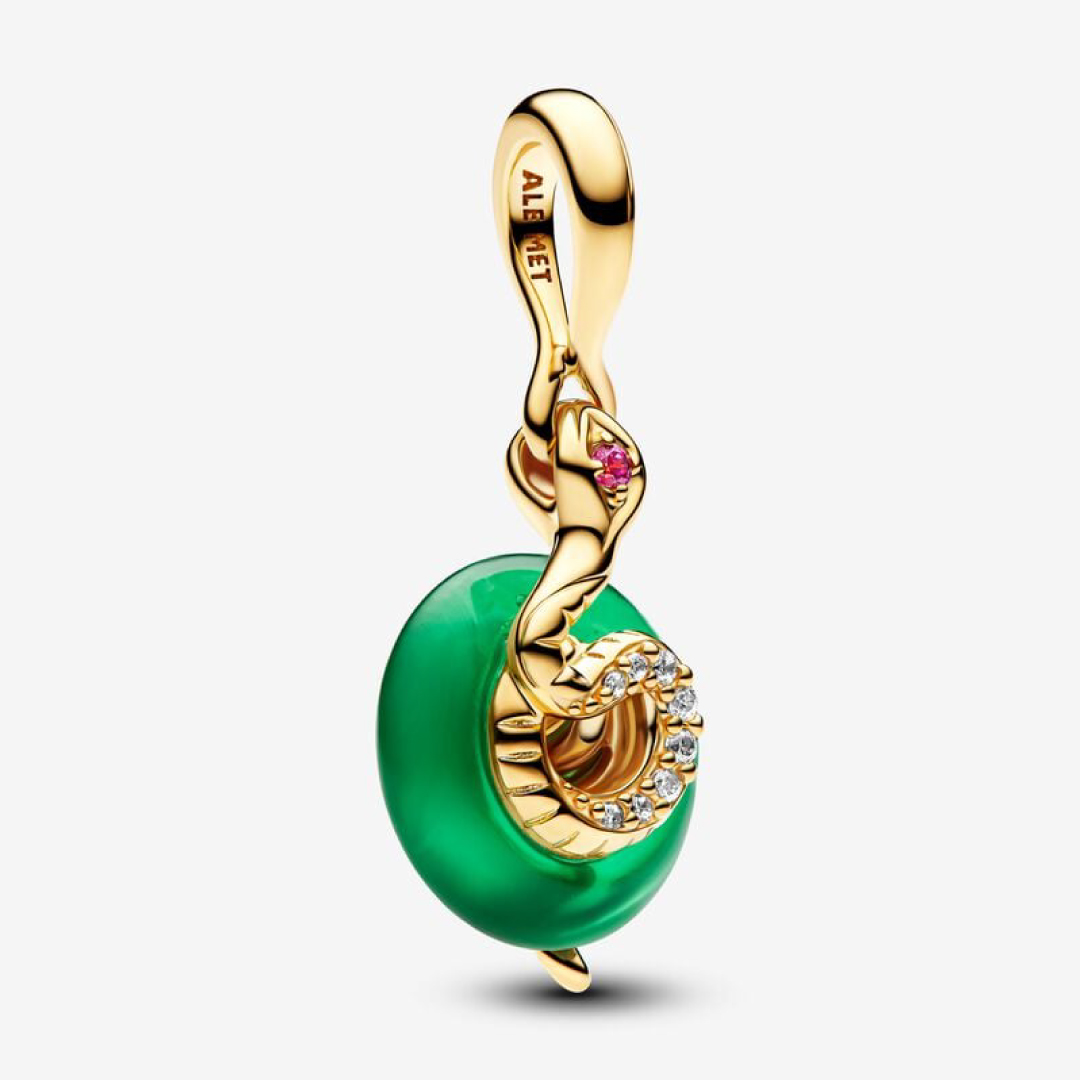 Snake 14k gold-plated dangle with red, clear cubic zirconia and green Murano glass