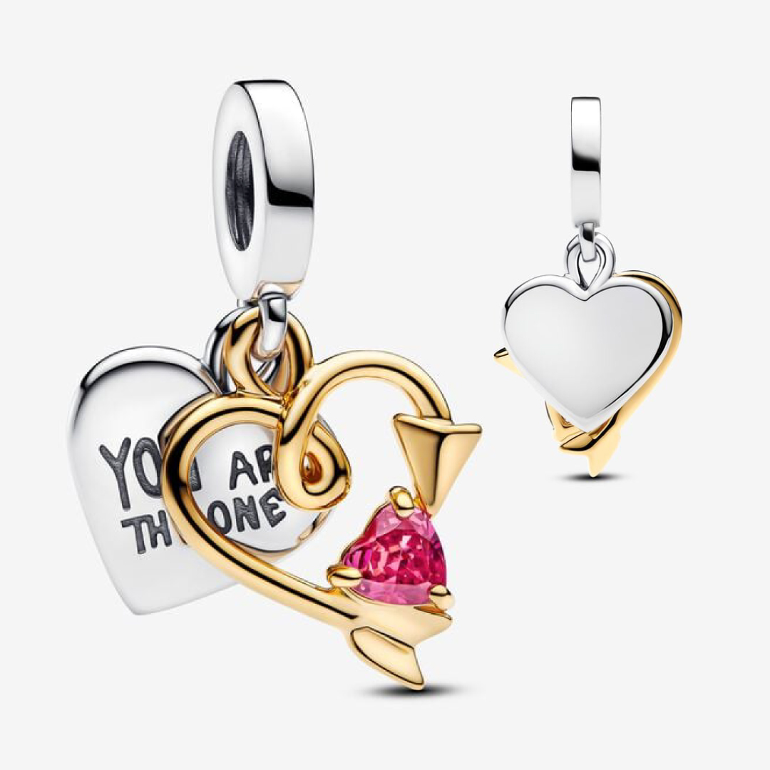 Heart and arrow sterling silver and 14k gold-plated double dangle with red cubic zirconia