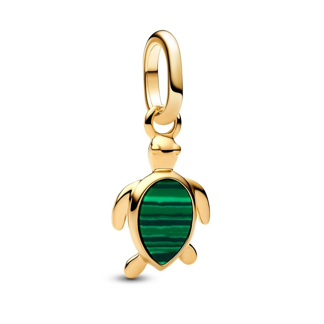 Turtle 14k gold-plated mini dangle with imitation malachite and royal green crystal
