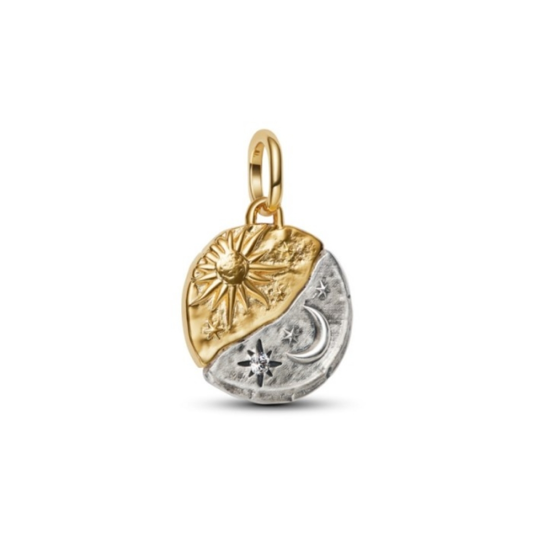 Sun and moon coin sterling silver and 14k gold-plated medallion with clear cubic zirconia