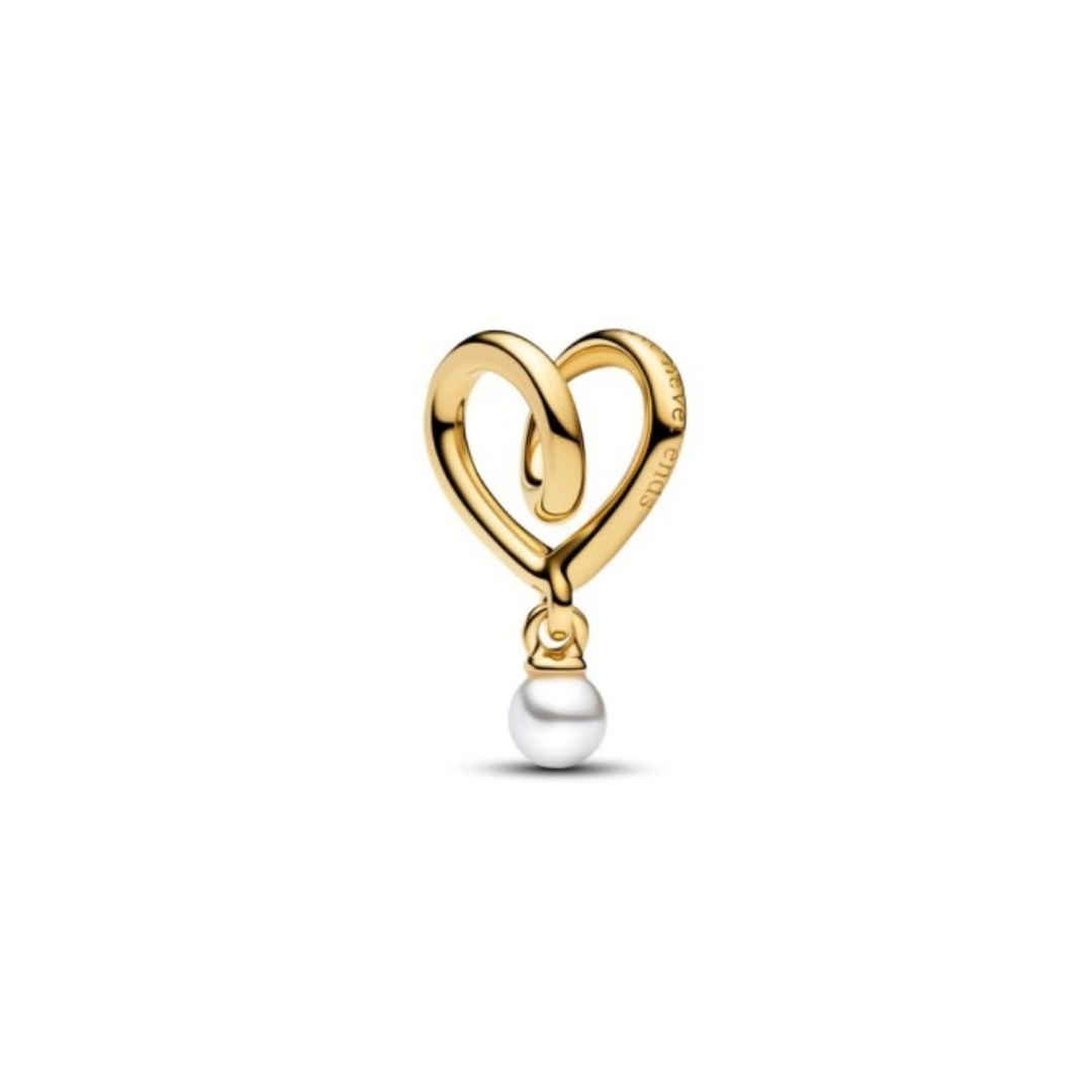 Wrapped heart 14k gold-plated charm with white lacquered artificial pearl