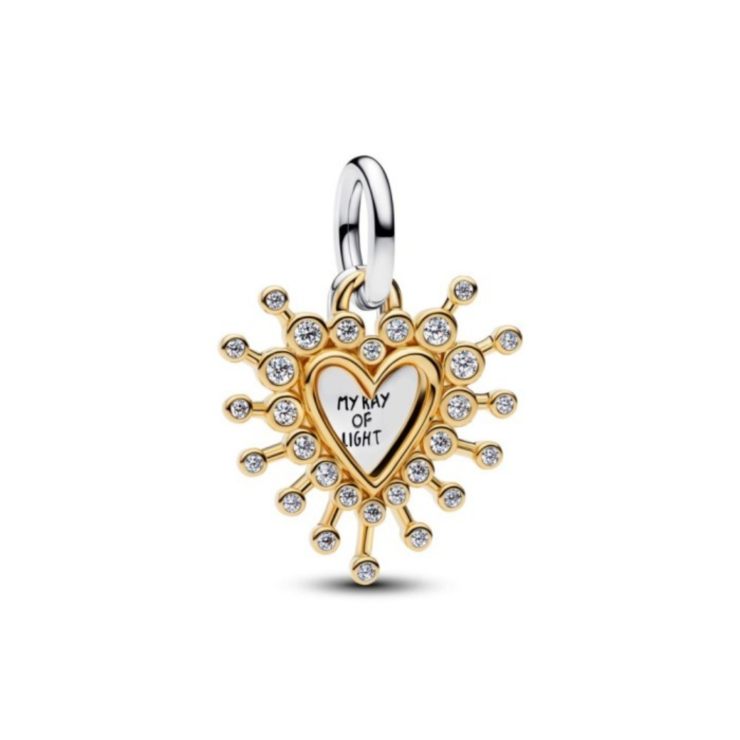 Heart sterling silver and 14k gold-plated double dangle with clear cubic zirconia