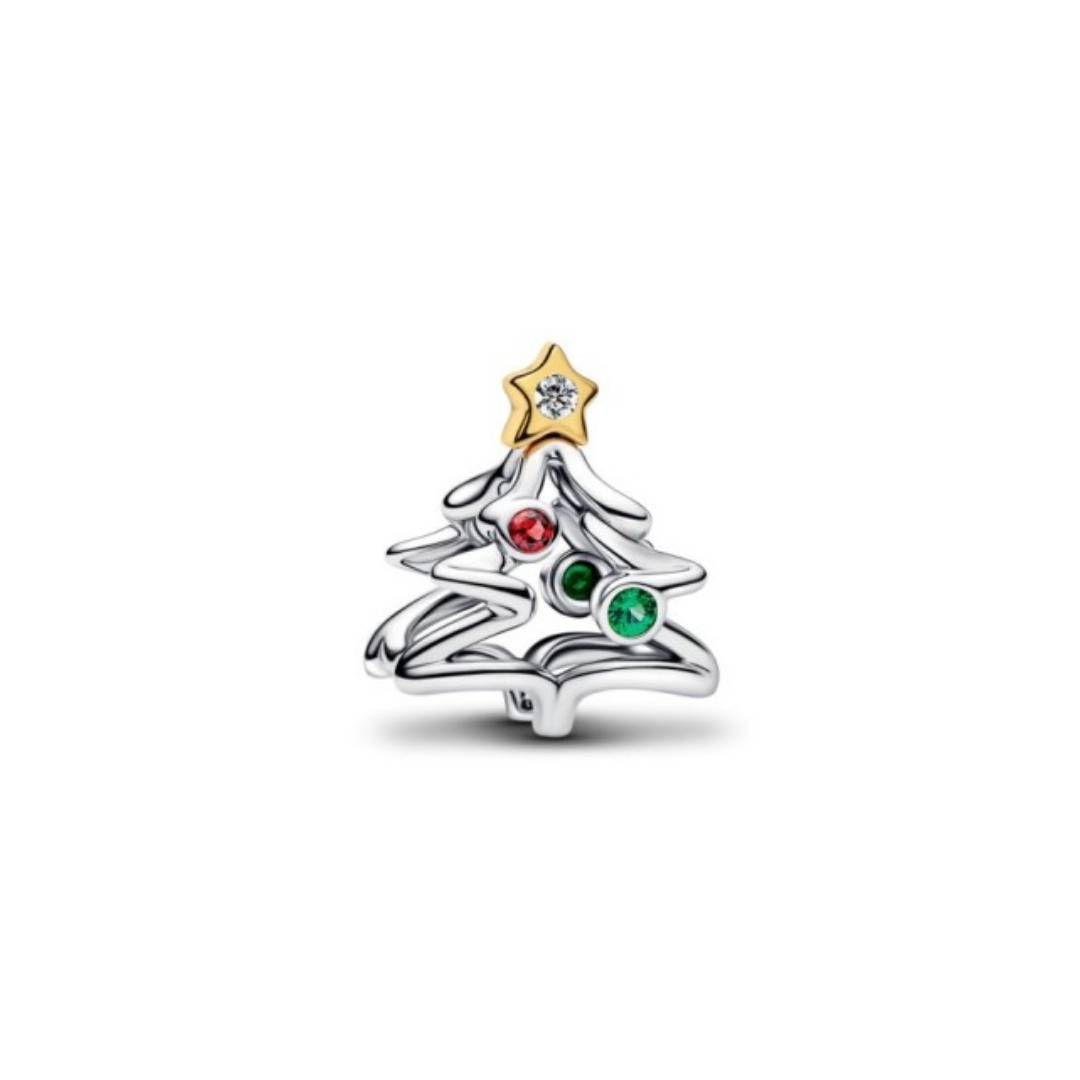 Christmas tree sterling silver and 14k gold-plated charm with clear cubic zirconia, salsa red and royal green crystal