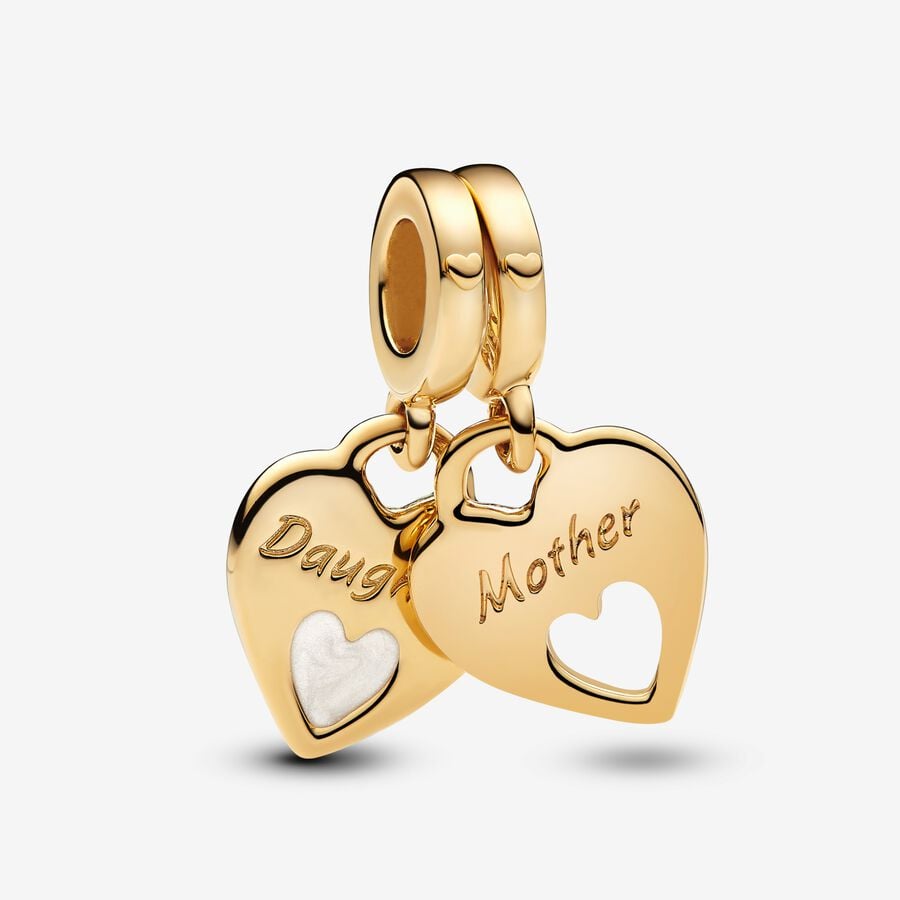 Mother and daughter hearts 14k gold-plated split dangle with shimmering white enamel