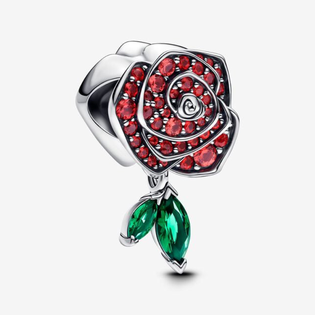 Rose sterling silver charm with red cubic zirconia and royal green crystal