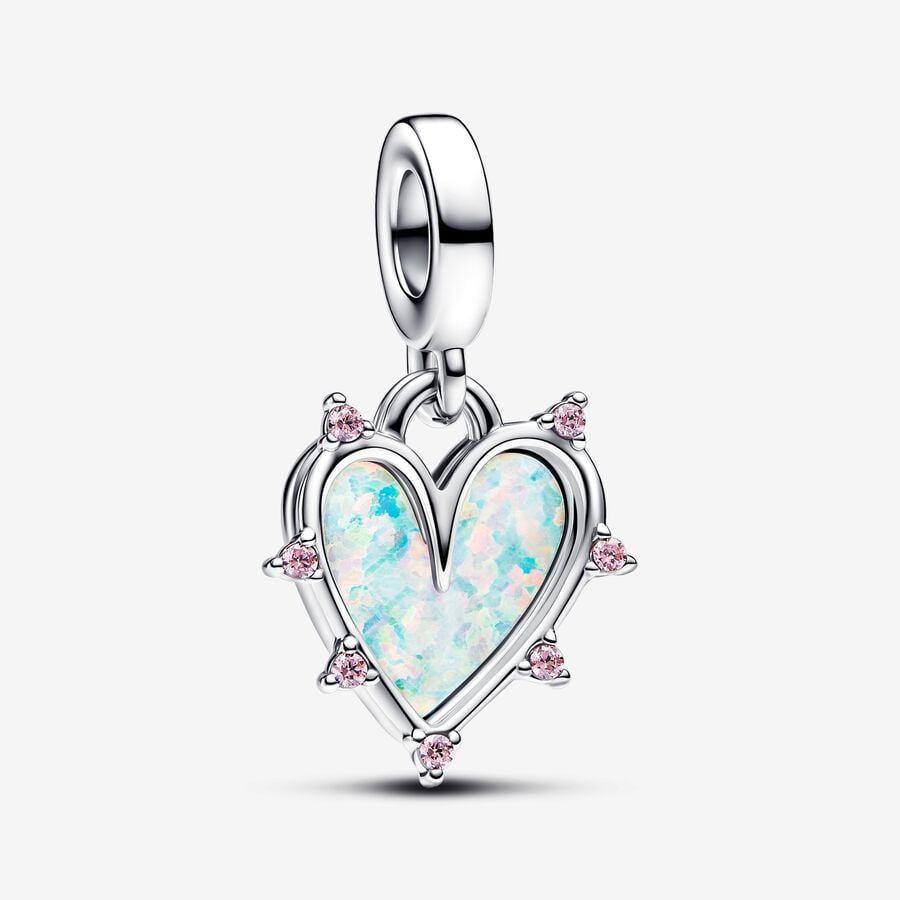 Hearts sterling silver double dangle with pink lab-created opal and fancy fairy tale pink cubic zirconia