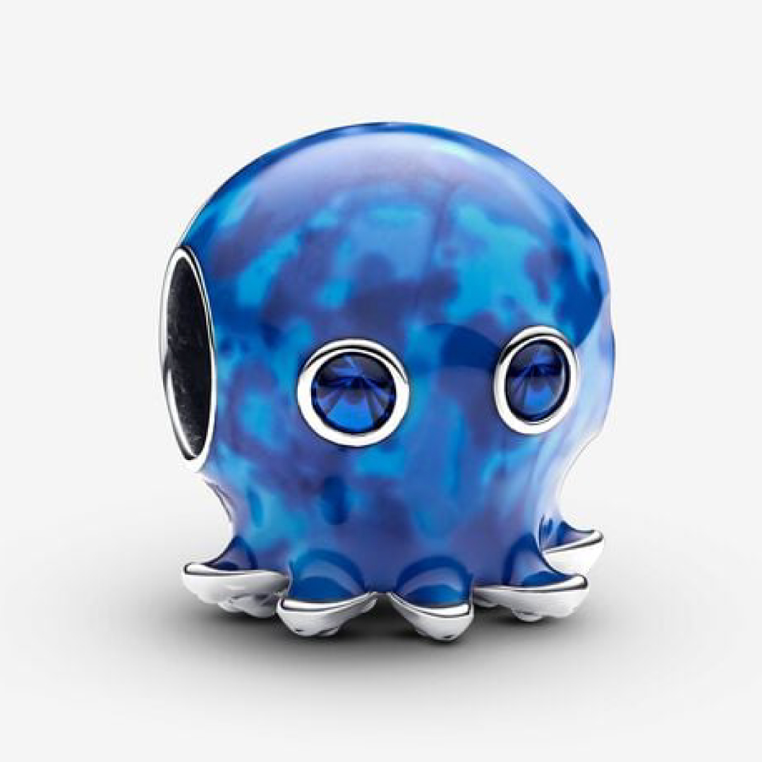 Octopus sterling silver charm with true blue crystal and blue enamel