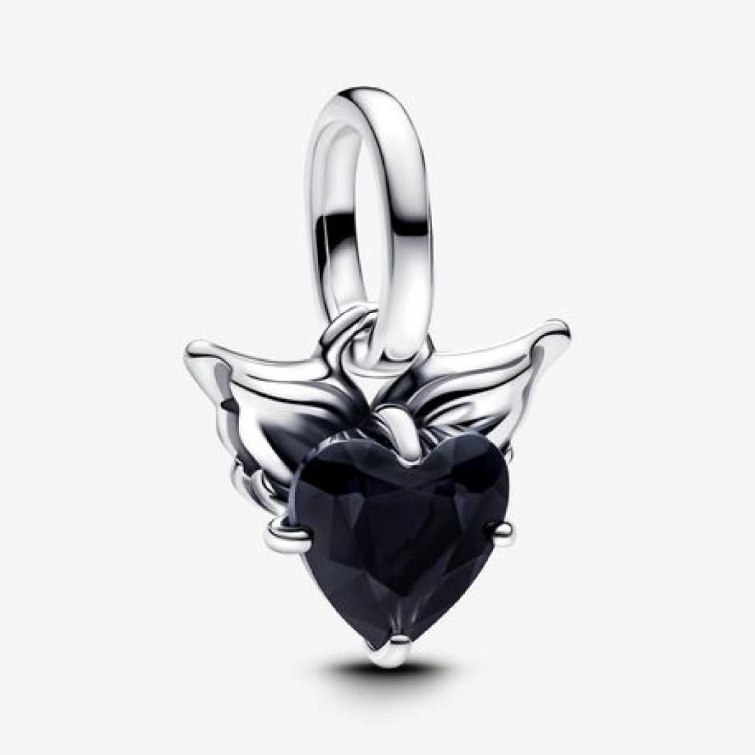 Winged heart sterling silver mini dangle with black cubic zirconia