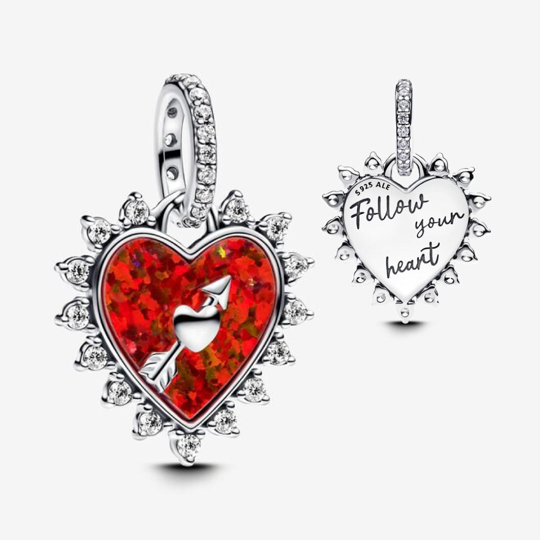 Spinnable arrow heart sterling silver dangle with red lab-created opal and clear cubic zirconia