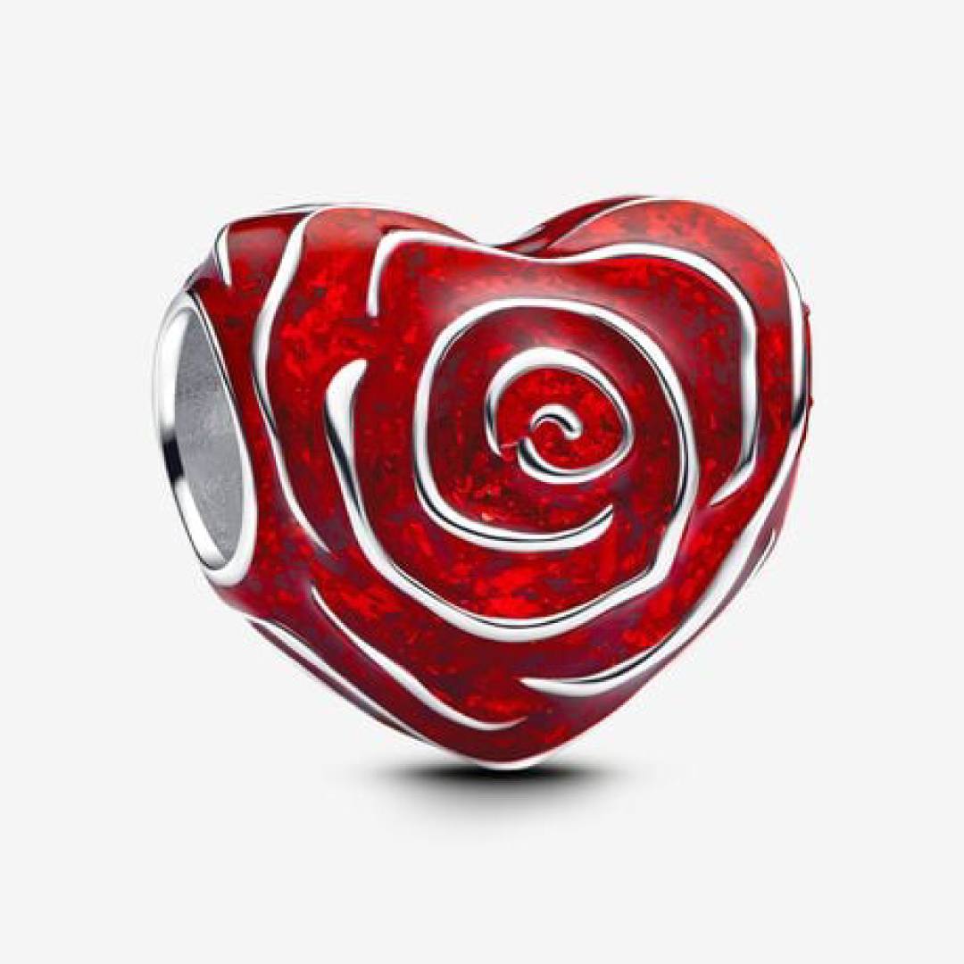 Rose heart sterling silver charm with red enamel