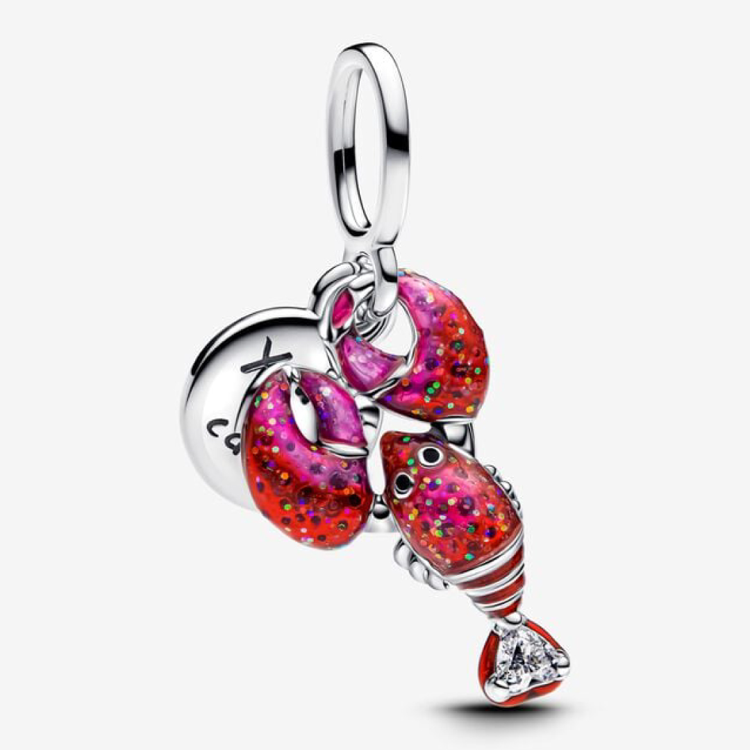 Love lobster sterling silver dangle with clear cubic zirconia, black, glittery white and pink enamel