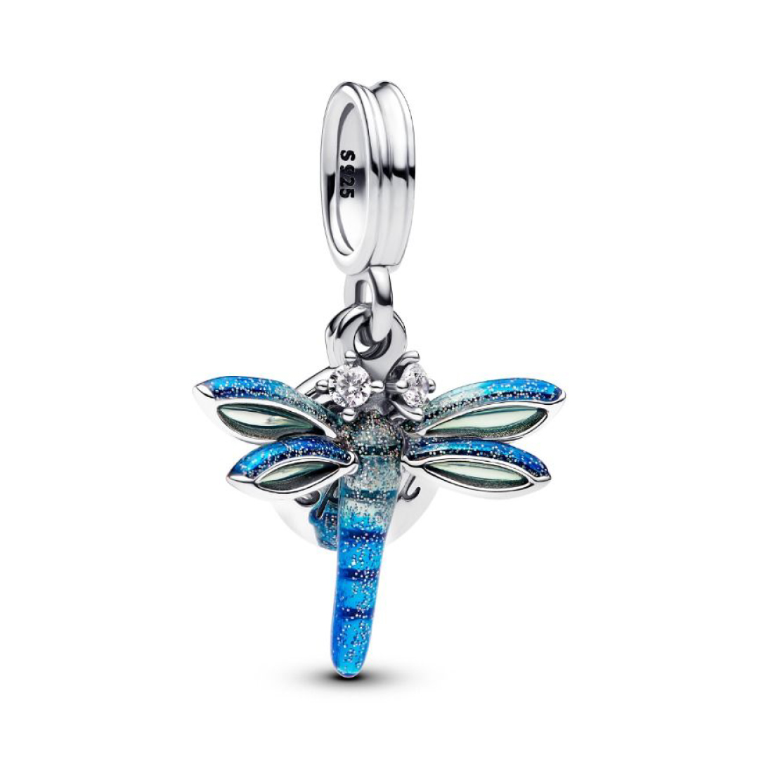 Dragonfly sterling silver double dangle with clear cubic zirconia and enamel