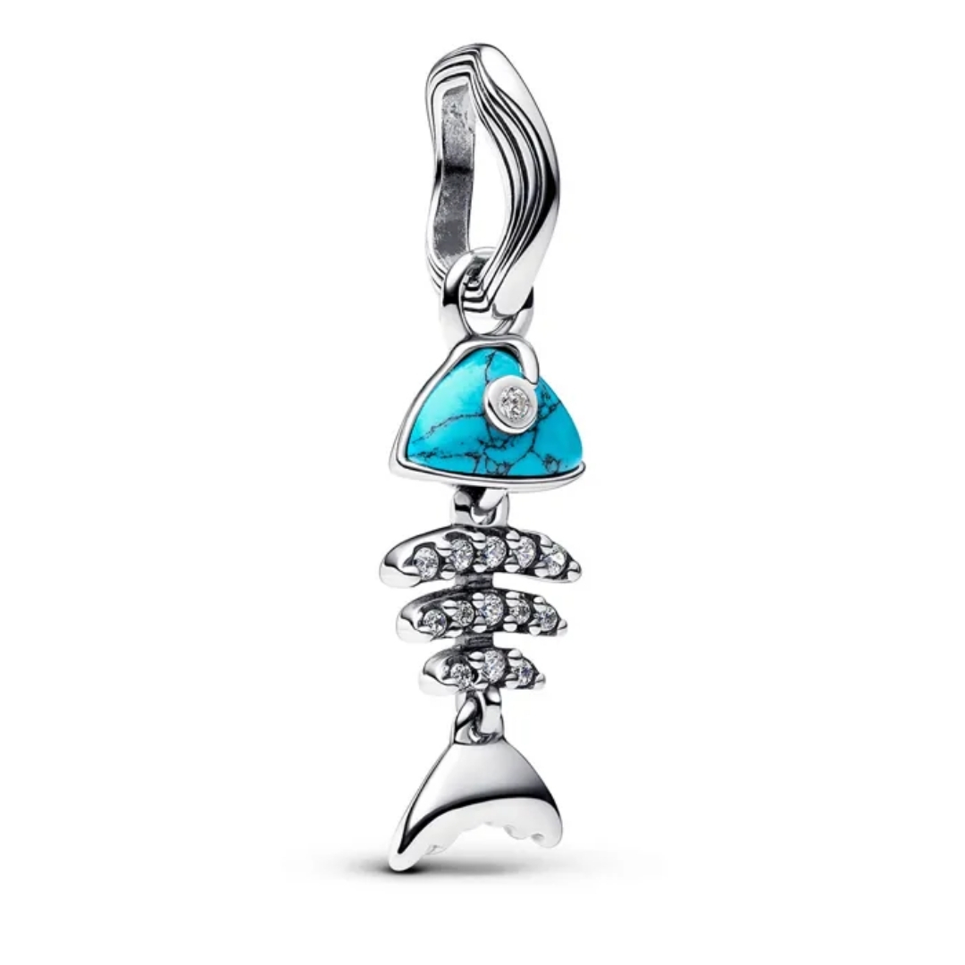 Fishbone sterling silver dangle with clear cubic zirconia and turquoise stone