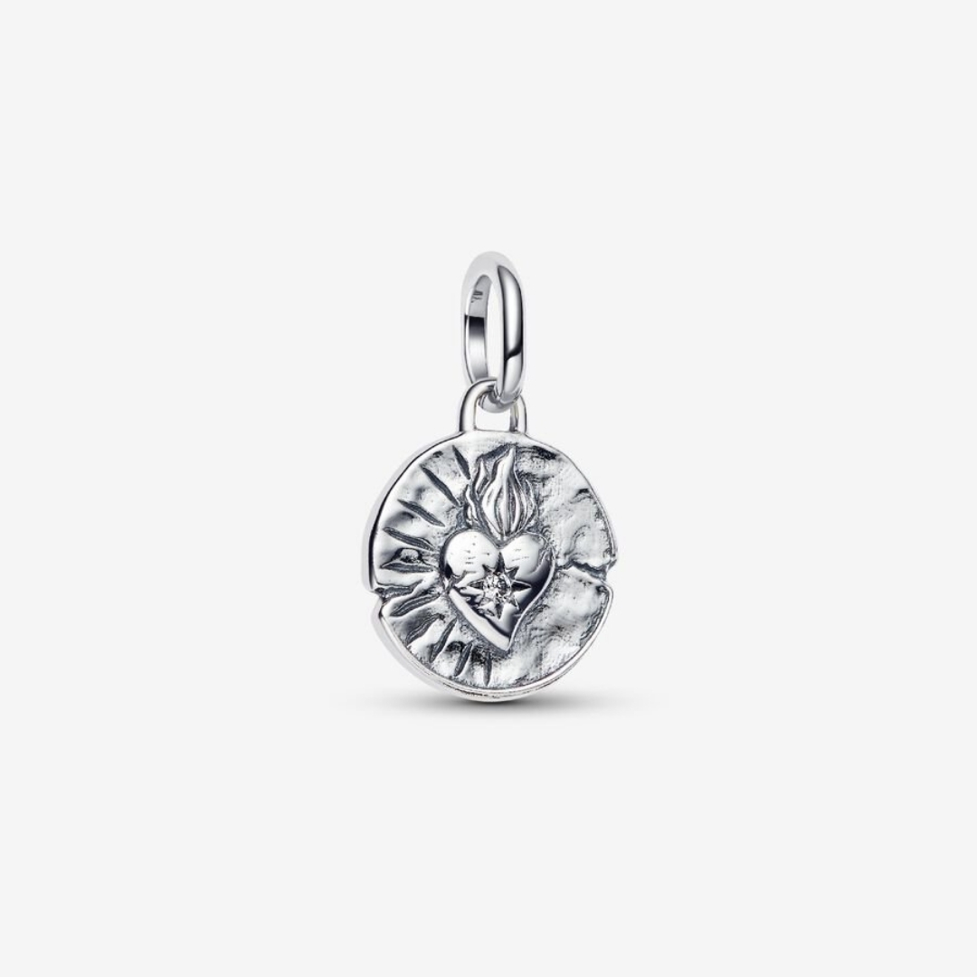 Heart coin sterling silver medallion with clear cubic zirconia