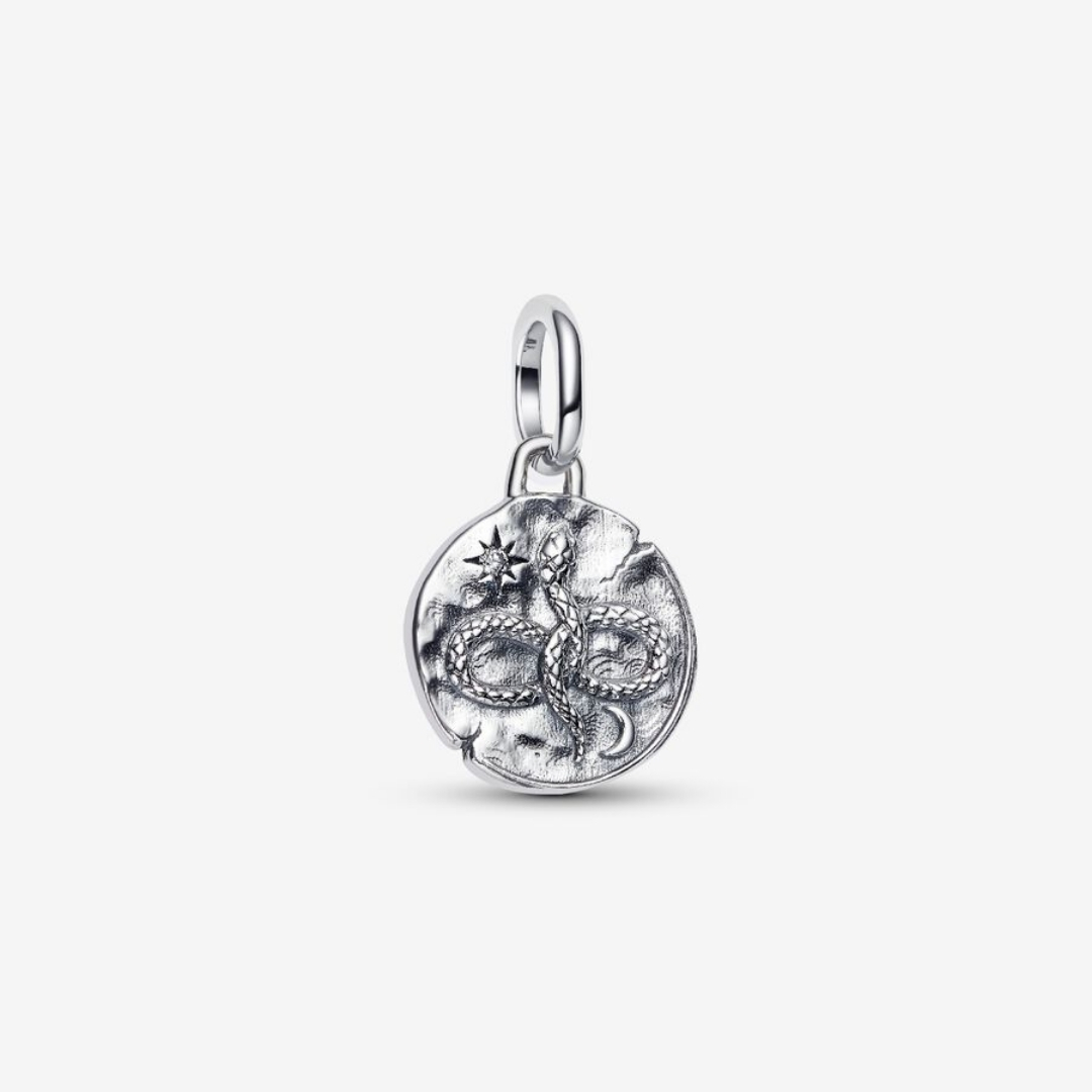 Infinity snake coin sterling silver medallion with clear cubic zirconia