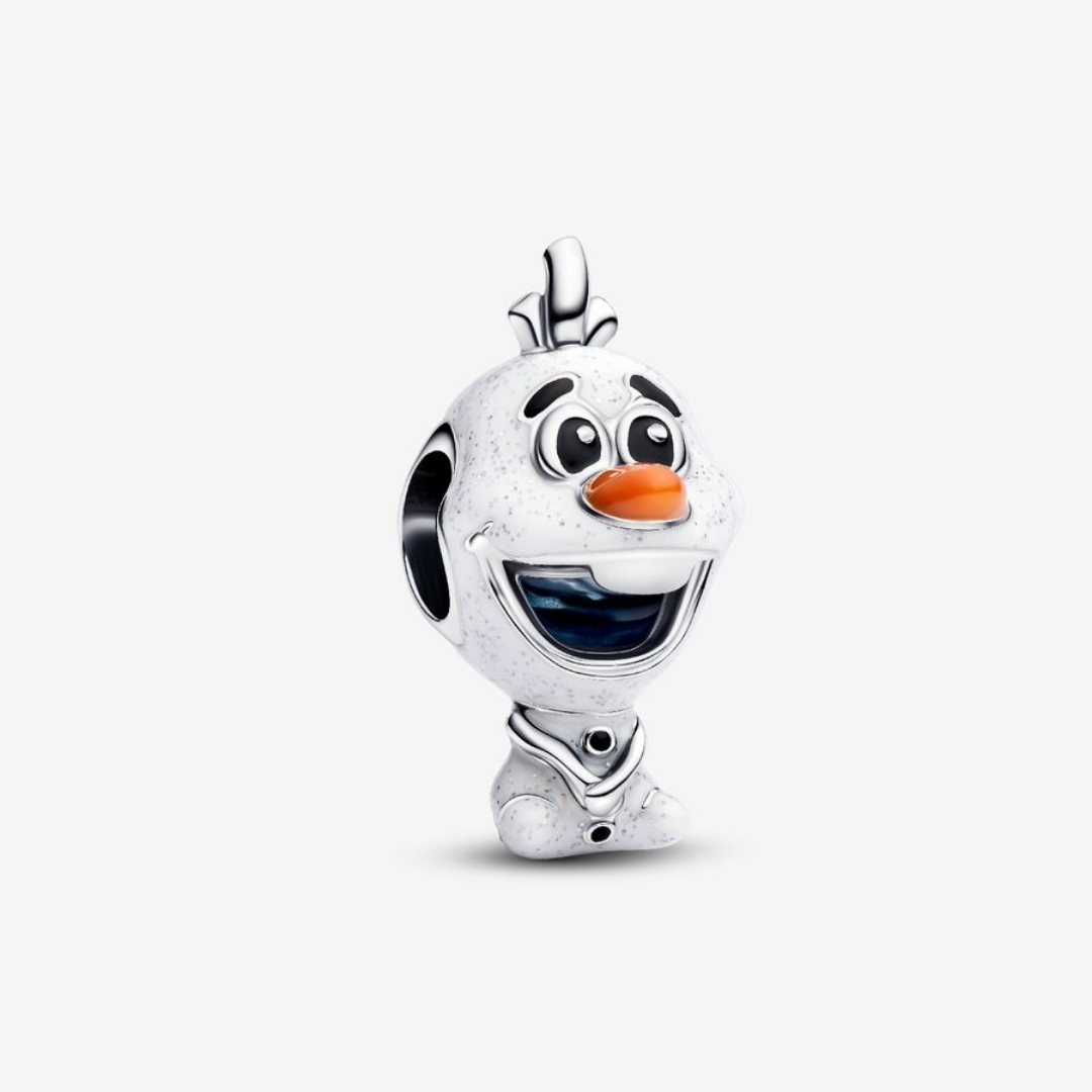 Disney Olaf sterling silver charm with orange, light blue, black and white enamel