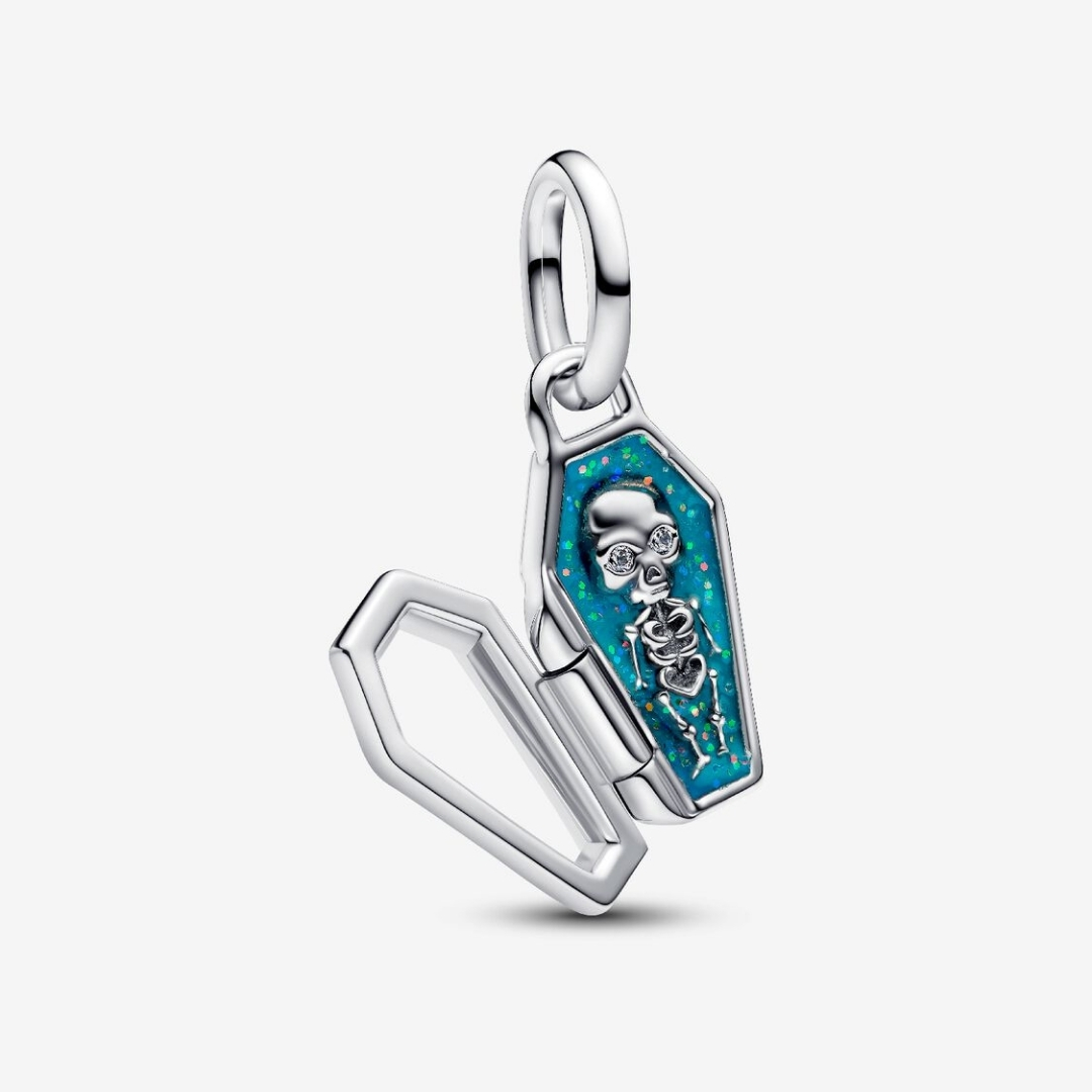 Openable coffin sterling silver dangle with glow in the dark enamel