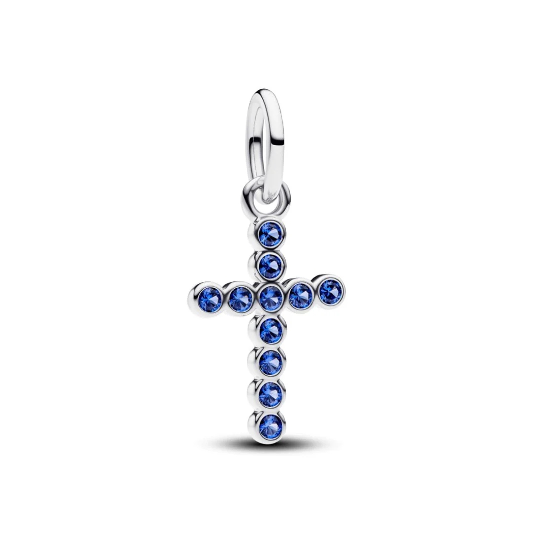 Cross sterling silver dangle with stellar blue crystal