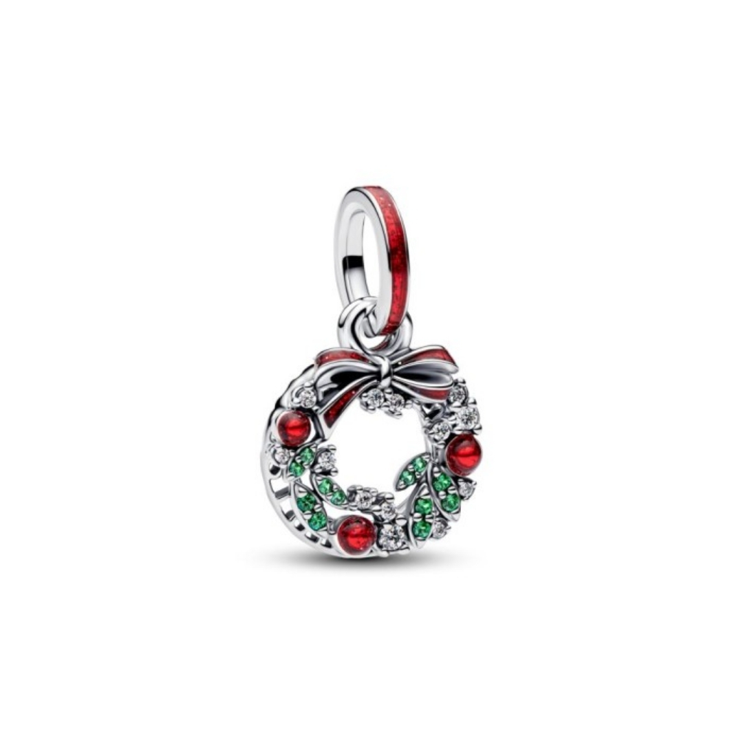 Christmas wreath sterling silver double dangle with clear cubic zirconia, royal green crystal and red glitter enamel