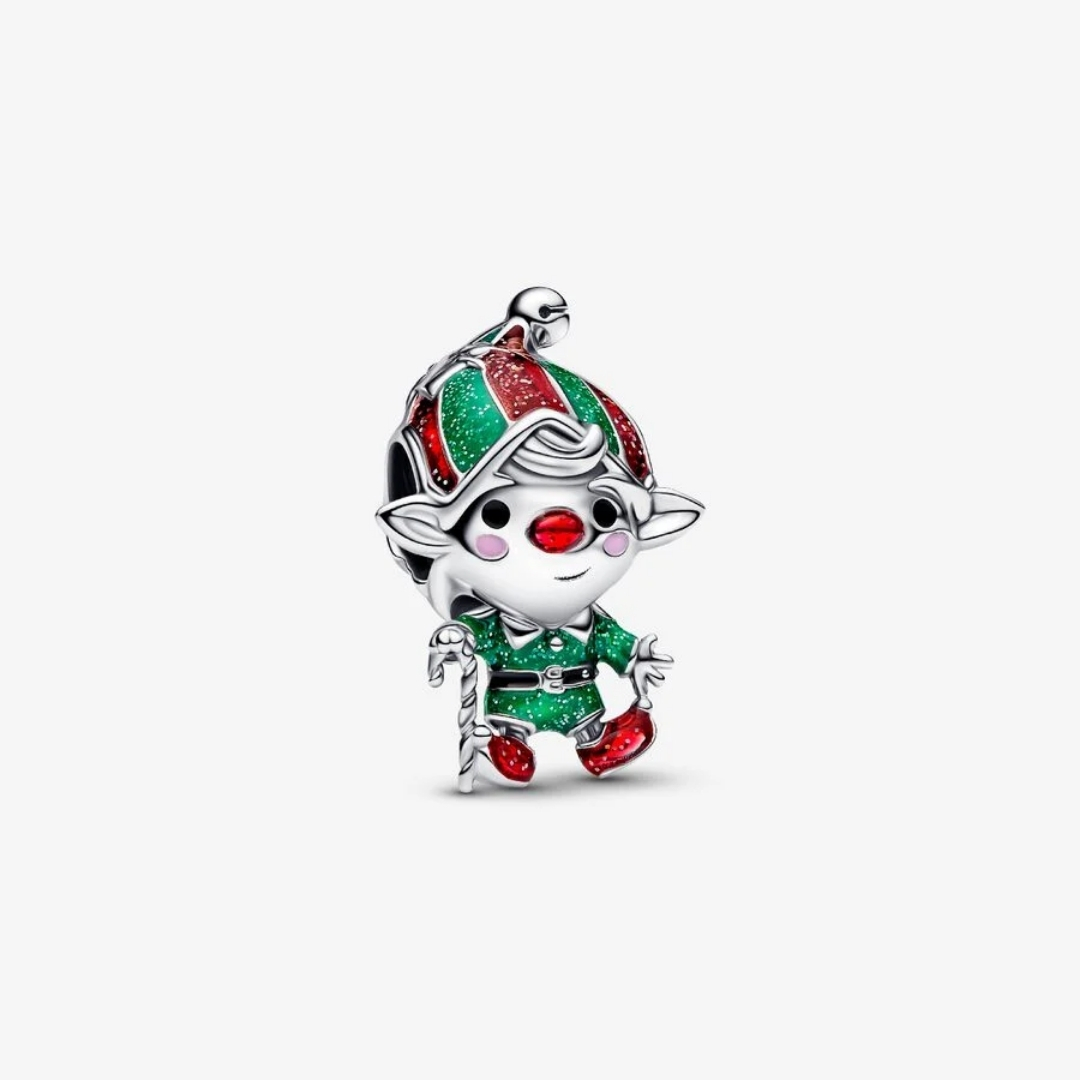 Elf sterling silver charm with red, green, black and pink enamel