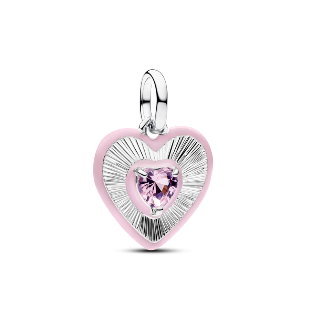 Heart sterling silver medallion with orchid pink crystal and pink enamel
